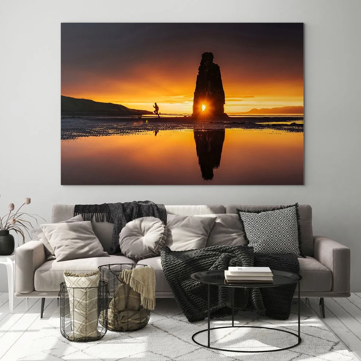 Impression sur verre - Image sur verre - Coucher de soleil avec une silhouette humaine et une formation rocheuse - 100x70cm - Juste vous et la nature - Décoration murale moderne pour le salon et la chambre ARTTOR