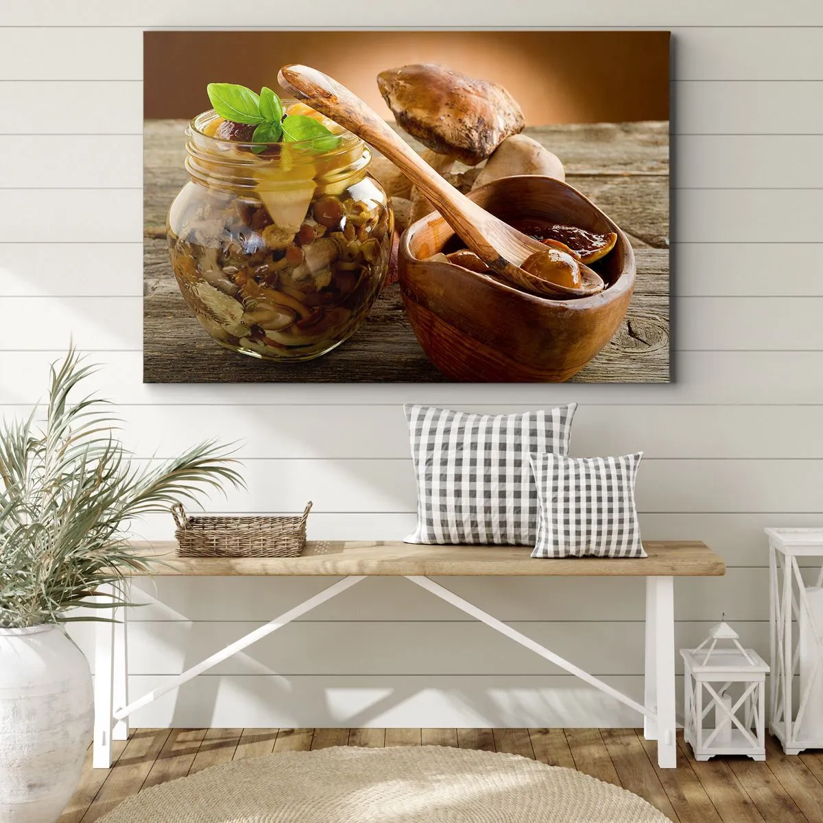 Impression sur toile - Image sur toile - Champignons naturels dans un bocal sur une table rustique - 70x50cm - Que ce soit frais ou salé, ou en automne... - Décoration murale moderne pour le salon et la chambre ARTTOR