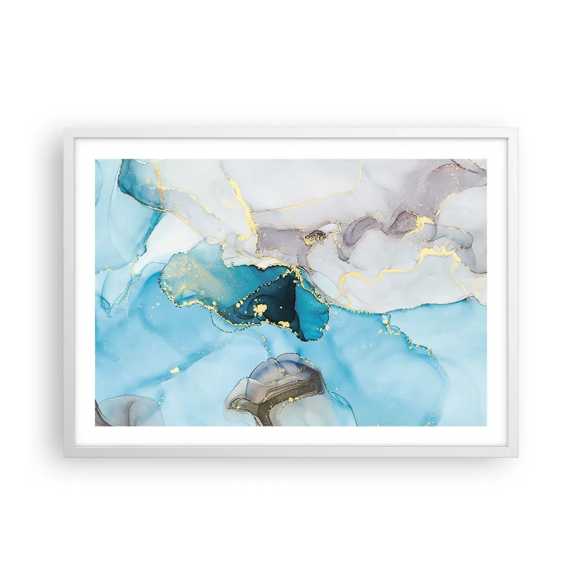 Affiche dans un cadre blanc - Poster - Etude de la rencontre gris et turquoise - 70x50 cm