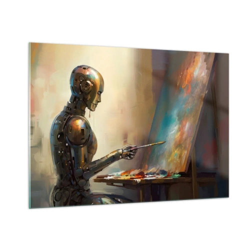 Impression sur verre - Image sur verre - Un robot peignant un tableau sur un chevalet - 100x70cm - L'art du futur - Décoration murale moderne pour le salon et la chambre ARTTOR