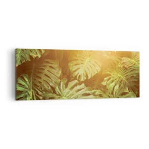 Impression sur toile - Image sur toile - Feuilles de Monstera au soleil sur fond naturel - 140x50cm - Se fondre dans la verdure - Décoration murale moderne pour le salon et la chambre ARTTOR