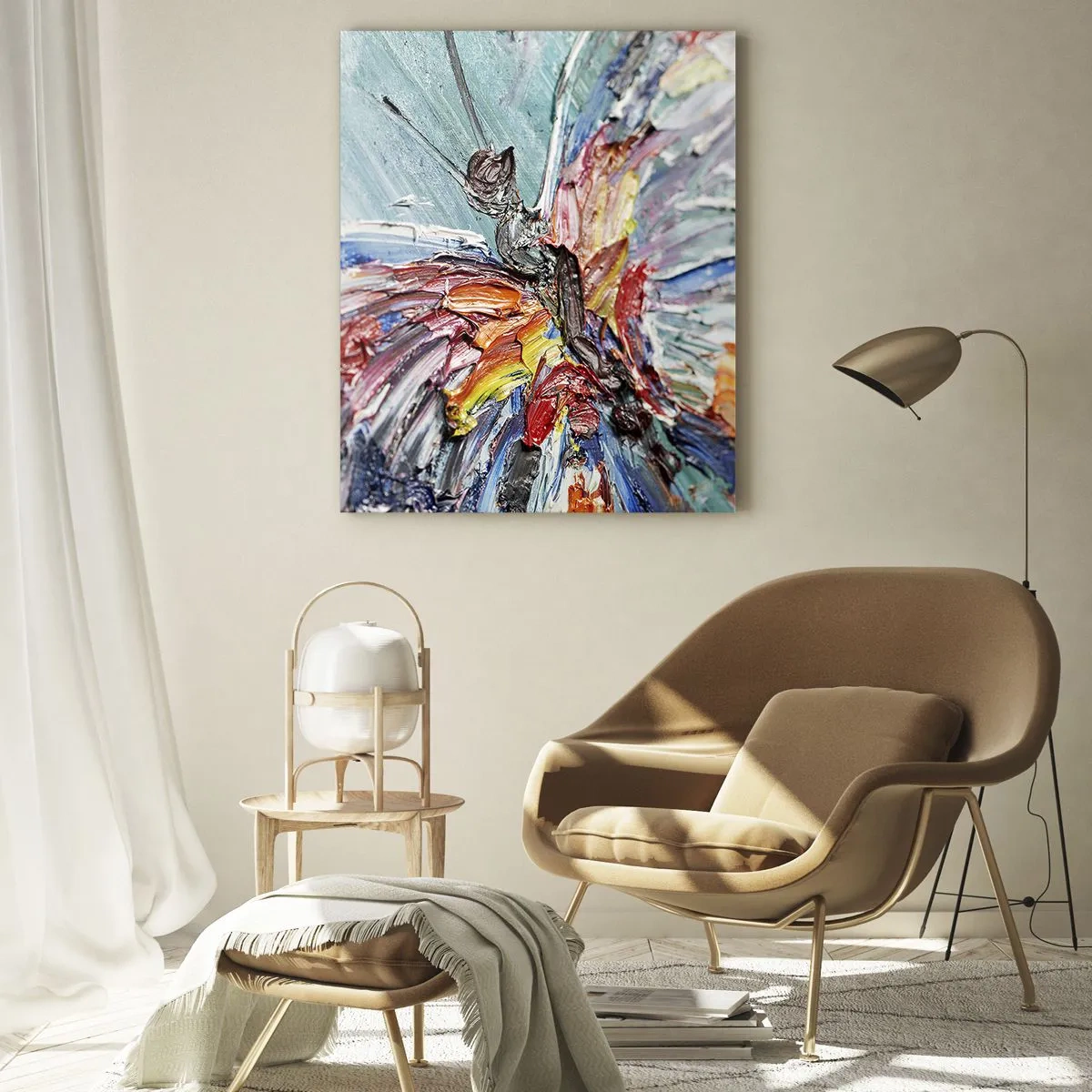 Impression sur verre - Image sur verre - Papillon coloré dans un style abstrait sur fond bleu - 50x70cm - Peint par nature - Décoration murale moderne pour le salon et la chambre ARTTOR