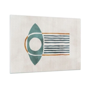 Impression sur verre - Image sur verre - Forme géométrique avec un cercle et des lignes dans les tons de vert et de rouge. - 100x70cm - Signes et rituels - Décoration murale moderne pour le salon et la chambre ARTTOR