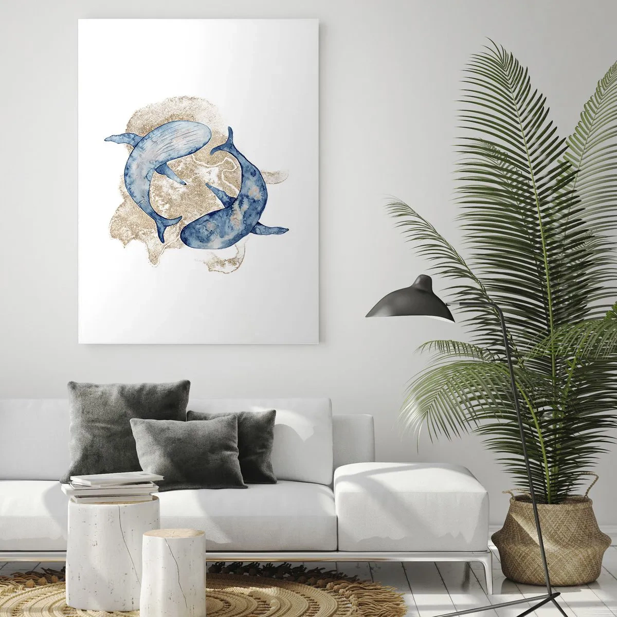 Impression sur verre - Image sur verre - Deux baleines bleues sur un fond de taches dorées abstraites - 50x70cm - Amis ou amoureux? - Décoration murale moderne pour le salon et la chambre ARTTOR