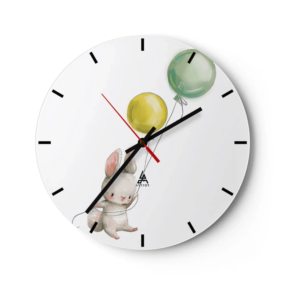 Horloge murale - Pendule murale - Un lapin tenant un ballon vert et jaune flottant dans les airs - 30x30cm - Moi aussi je vole! - Décoration murale moderne pour le salon, la cuisine et la chambre ARTTOR