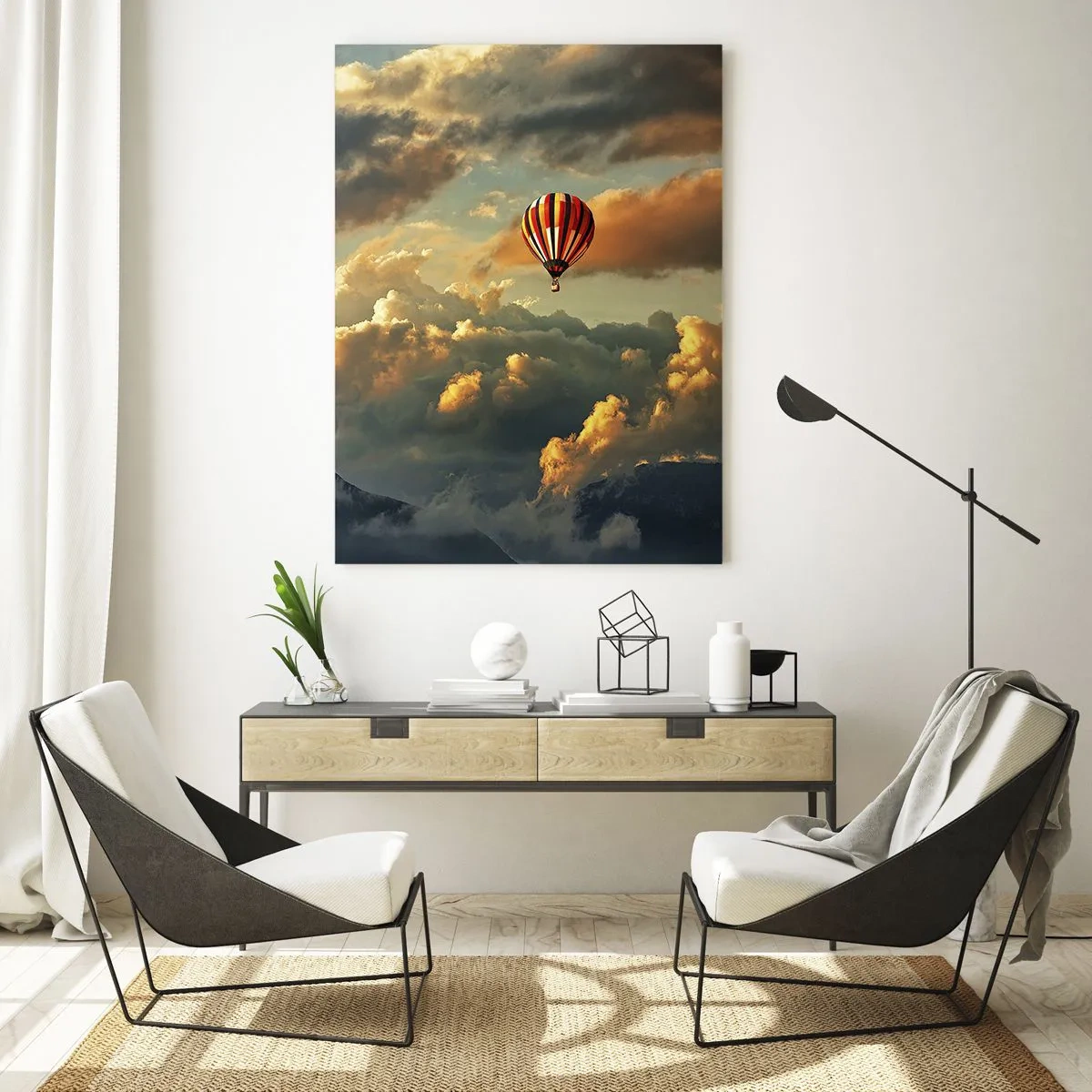 Impression sur verre - Image sur verre - Un ballon flottant au-dessus des montagnes parmi les nuages au coucher du soleil - 50x70cm - Je vole parce que je veux - Décoration murale moderne pour le salon et la chambre ARTTOR