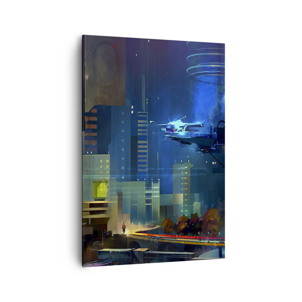 Impression sur toile - Image sur toile - Ville futuriste la nuit avec des néons et un véhicule volant - 70x100cm - Dans le futur proche - Décoration murale moderne pour le salon et la chambre ARTTOR