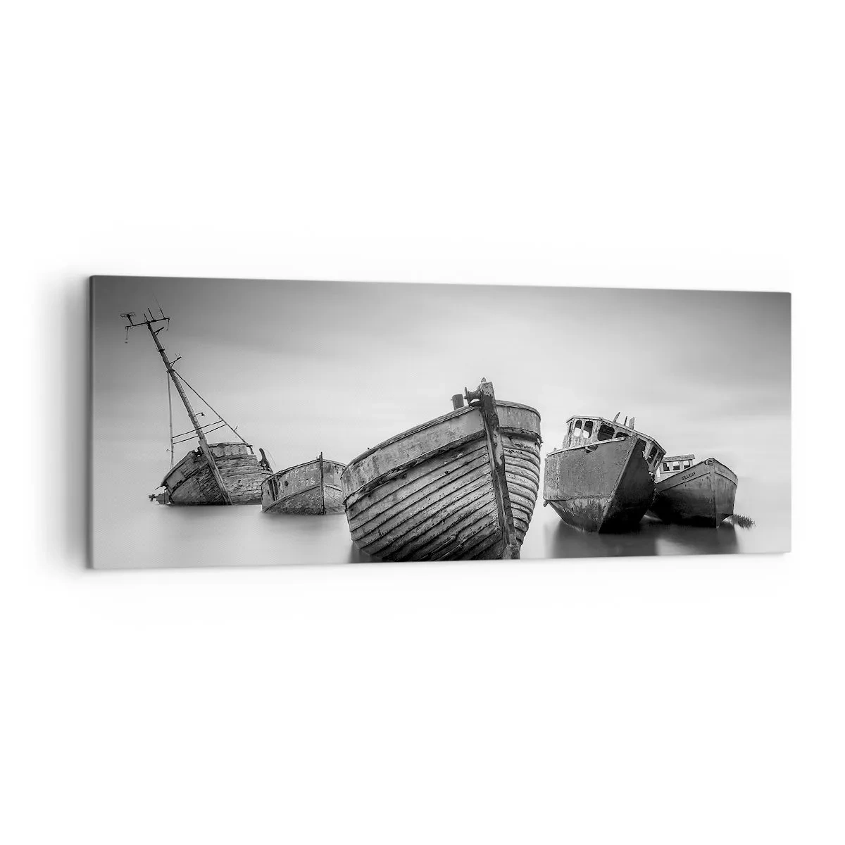 Impression sur toile - Image sur toile - Bateaux abandonnés sur une eau calme - 140x50cm - Cùest déjà un souvenir... - Décoration murale moderne pour le salon et la chambre ARTTOR