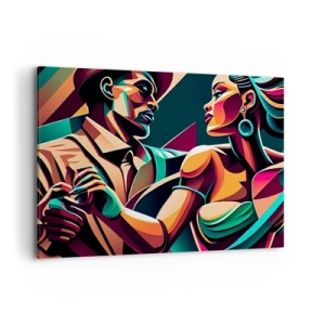 Impression sur toile - Image sur toile - Un couple stylisé dansant dans des couleurs vibrantes et géométriques. - 120x80cm - Au rythme du coeur - Décoration murale moderne pour le salon et la chambre ARTTOR