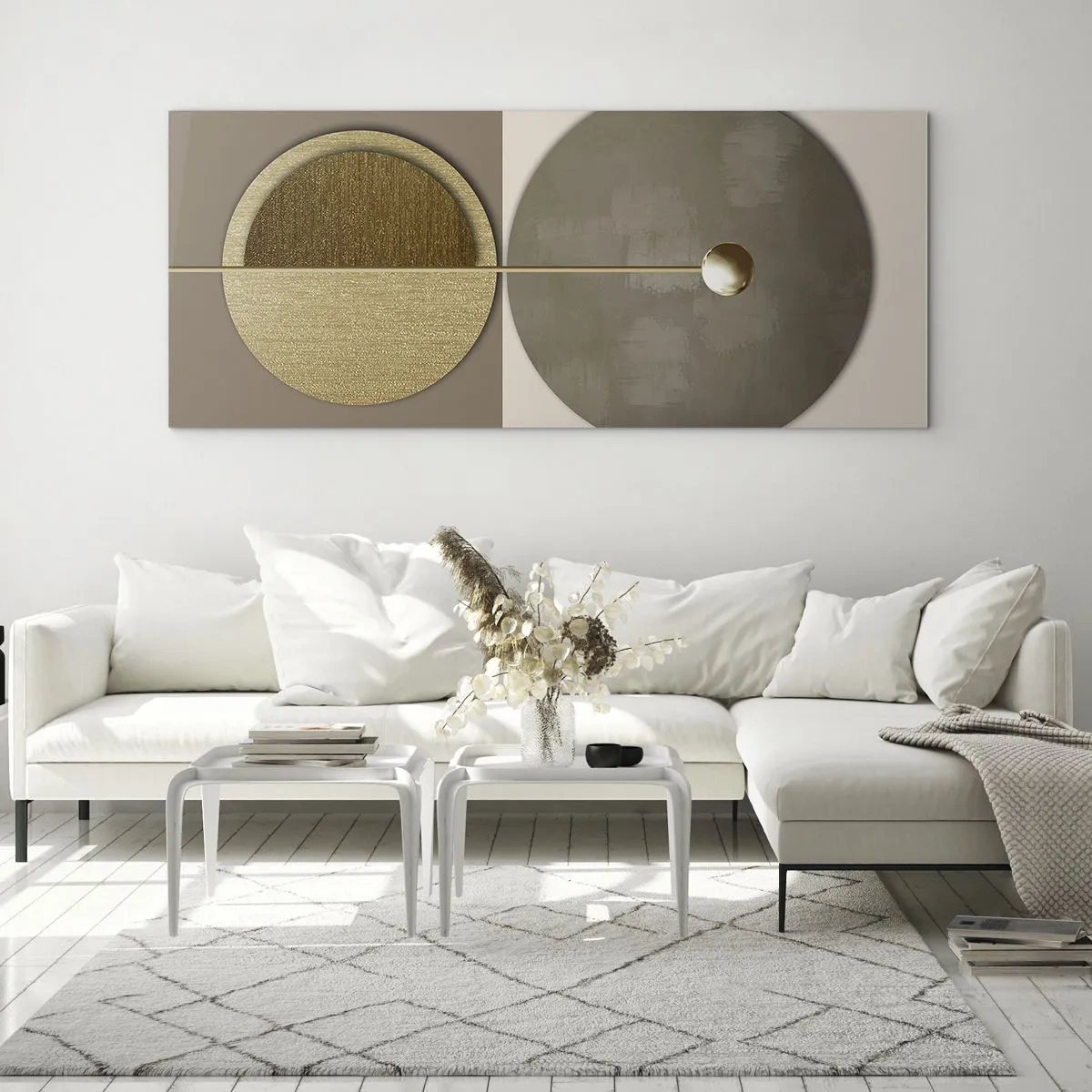 Impression sur verre - Image sur verre - Cercles abstraits dans les tons or et beige - 160x50cm - Équilibre parfait - Décoration murale moderne pour le salon et la chambre ARTTOR