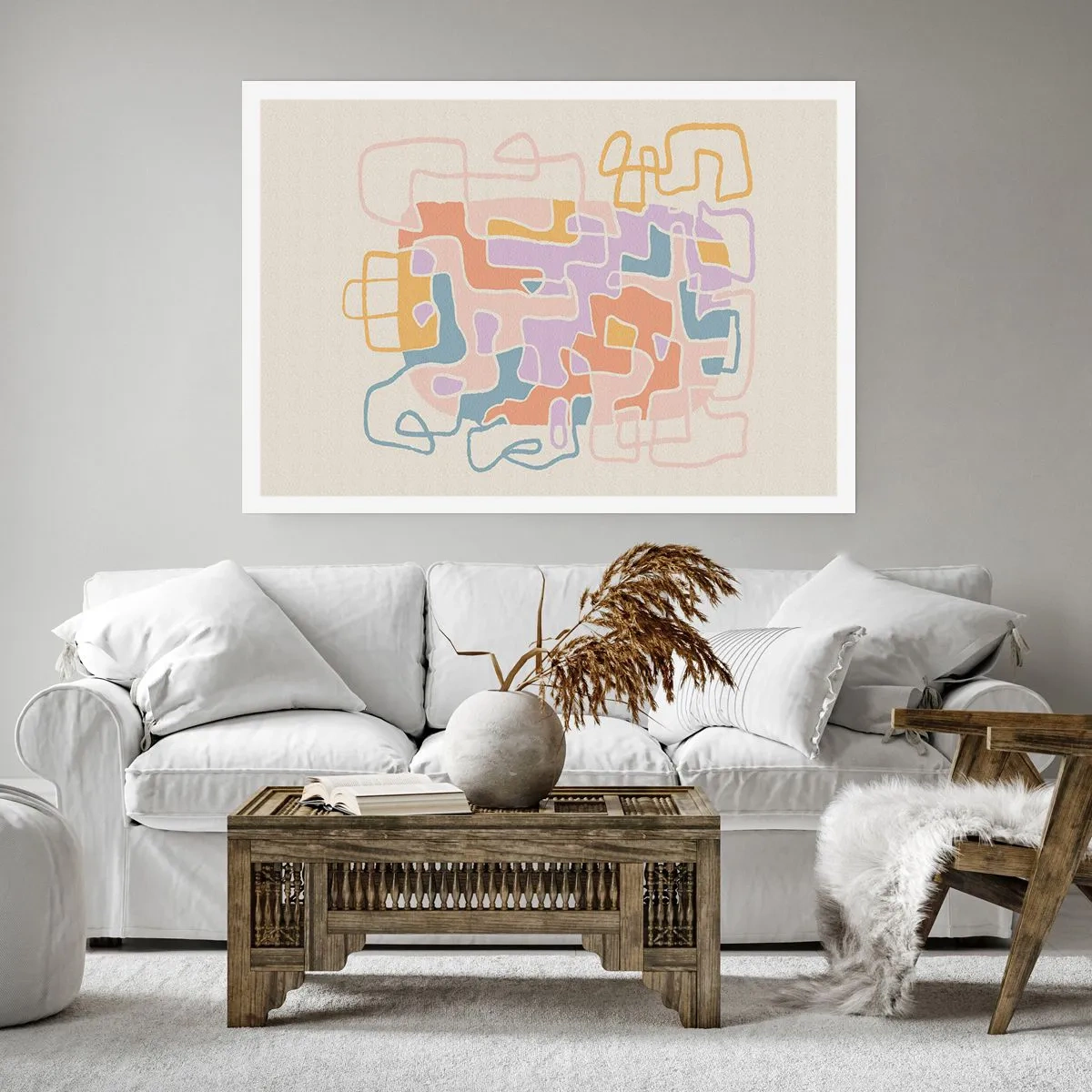 Affiche - Poster - Lignes abstraites pastel créant des motifs géométriques - 100x70cm - Labyrinthe – une aventure joyeuse - Décoration murale moderne pour le salon et la chambre ARTTOR