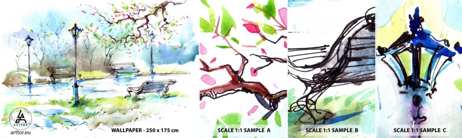 Échantillon de Papier Peint Autocollant Deluxe Sticker - Le charme du silence d'un parc - Paysage, Parc, Allée du parc - 100x30 cm