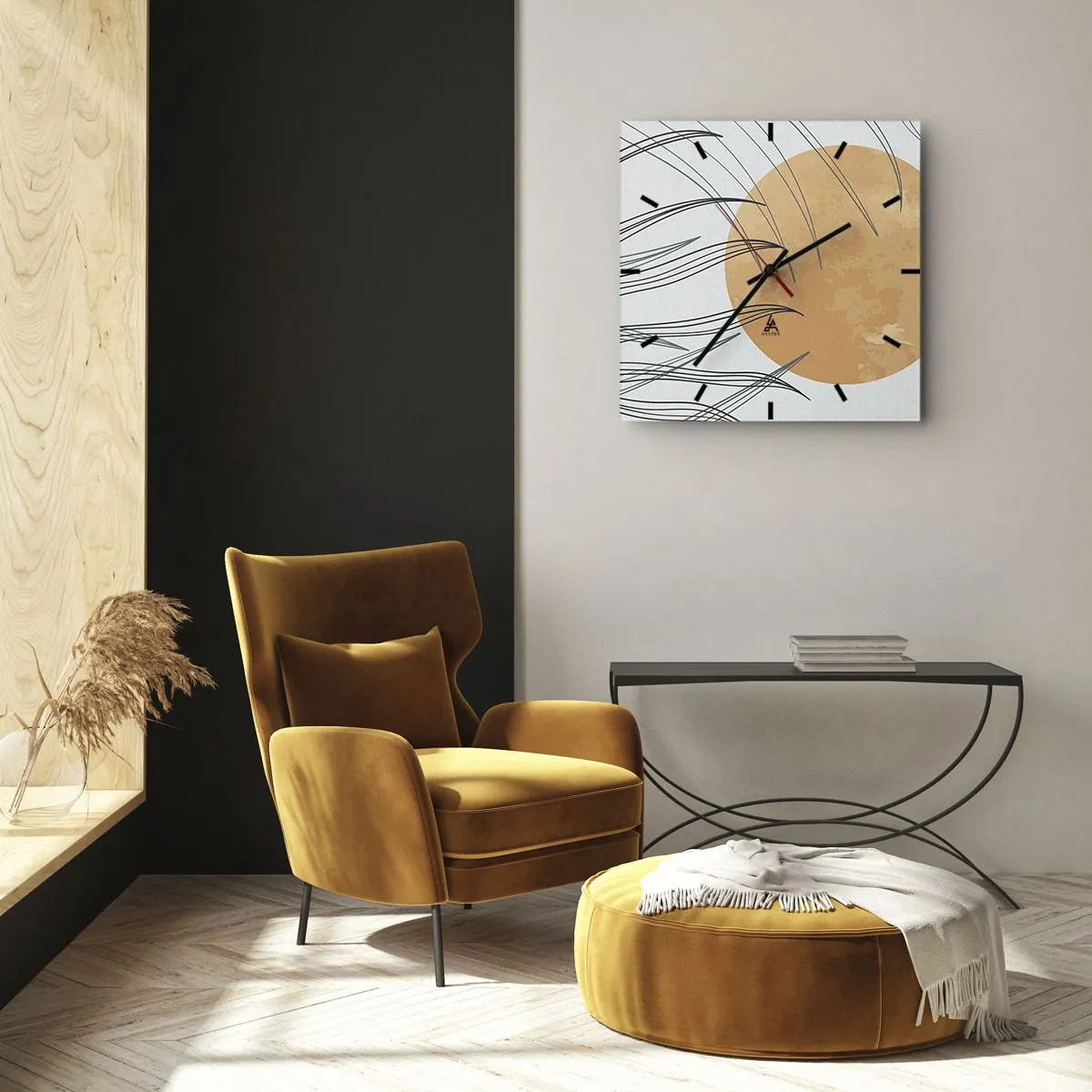 Horloge murale - Pendule murale - Brins d'herbe abstraits sur fond de grand soleil orange - 30x30cm - Toujours vers le soleil - Décoration murale moderne pour le salon et la chambre ARTTOR