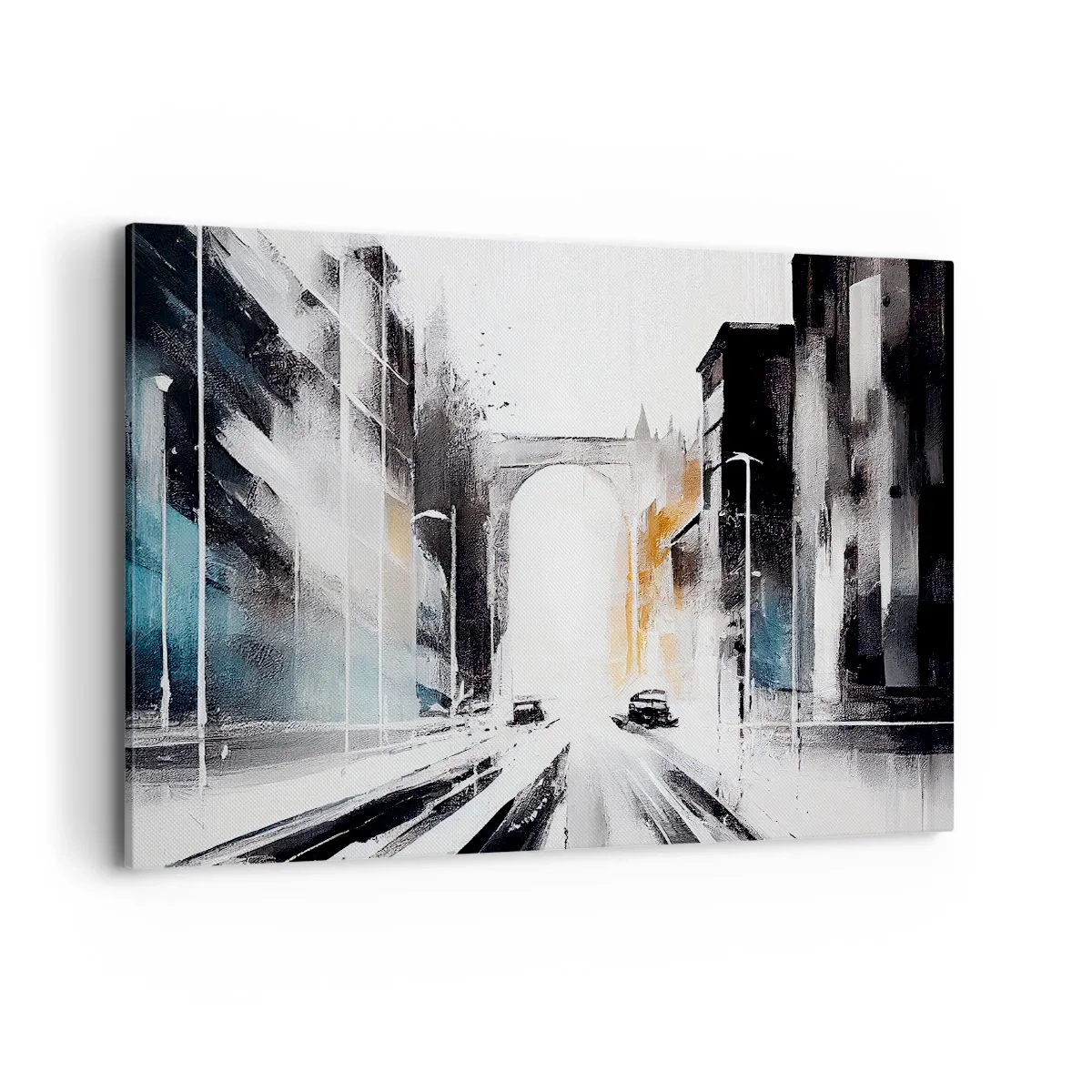 Impression sur toile - Image sur toile - Panorama abstrait de la ville avec un pont en arc - 100x70cm - Étude de ville : architecture et mouvement - Décoration murale moderne pour le salon et la chambre ARTTOR