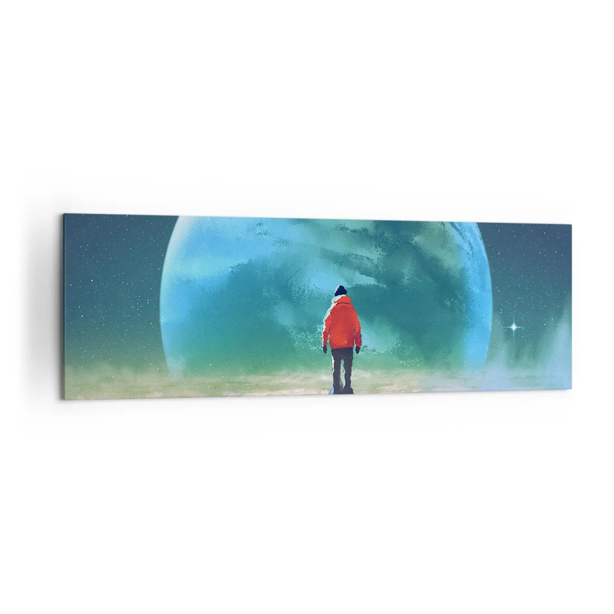 Impression sur toile - Image sur toile - Un homme portant une veste rouge debout devant une grande planète avec des étoiles en arrière-plan. - 160x50cm - Explorateur de la nouvelle terre - Décoration murale moderne pour le salon et la chambre ARTTOR