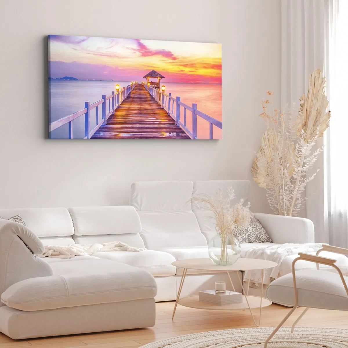 Impression sur toile - Image sur toile - Une jetée sur l'eau au coucher du soleil aux couleurs pastel - 120x50cm - Le silence lilas-doré du soir - Décoration murale moderne pour le salon et la chambre ARTTOR