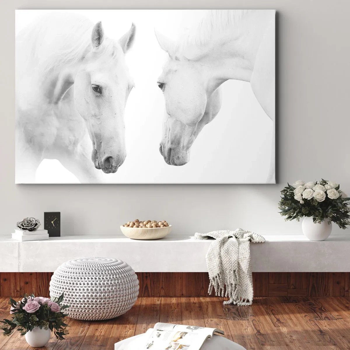 Impression sur toile - Image sur toile - Un portrait minimaliste de deux chevaux blancs - 120x80cm - Serait-ce de l’amitié? - Décoration murale moderne pour le salon et la chambre ARTTOR
