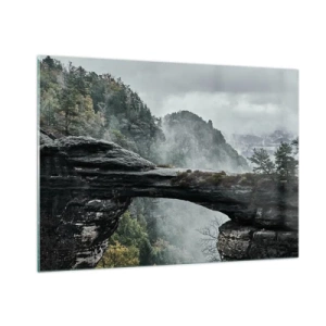 Impression sur verre - Image sur verre - Un pont de pierre entre des montagnes brumeuses et un paysage forestier - 100x70cm - L'aventure est sur le point de commencer - Décoration murale moderne pour le salon et la chambre ARTTOR