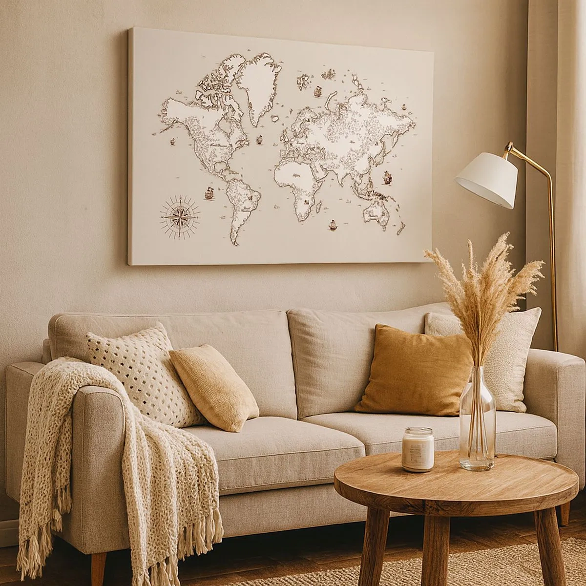 Impression sur toile - Image sur toile - Une carte stylisée du monde dans des tons beige et marron. - 70x50cm - Voyage autour du monde - Décoration murale moderne pour le salon et la chambre ARTTOR