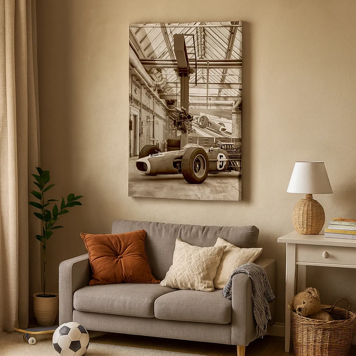 Impression sur toile - Image sur toile - Voiture de course noire et blanche dans un intérieur industriel - 50x70cm - Le repos du guerrier - Décoration murale moderne pour le salon et la chambre ARTTOR