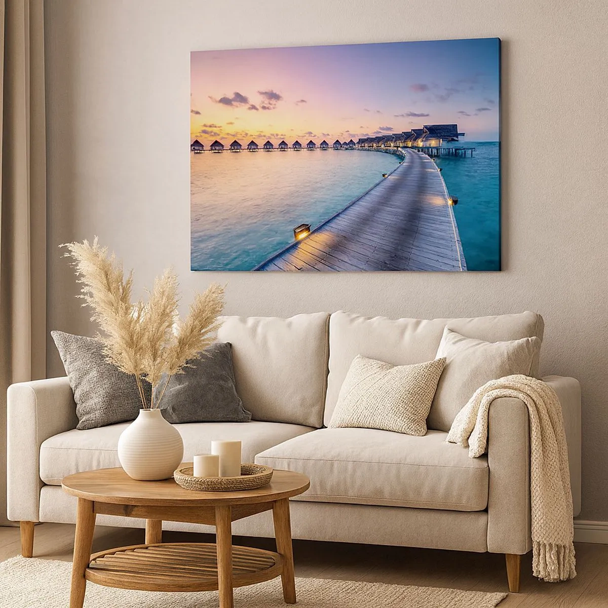 Impression sur toile - Image sur toile - La jetée menant aux chalets au bord de l'eau au coucher du soleil - 70x50cm - Vacances - retour aux sources - Décoration murale moderne pour le salon et la chambre ARTTOR