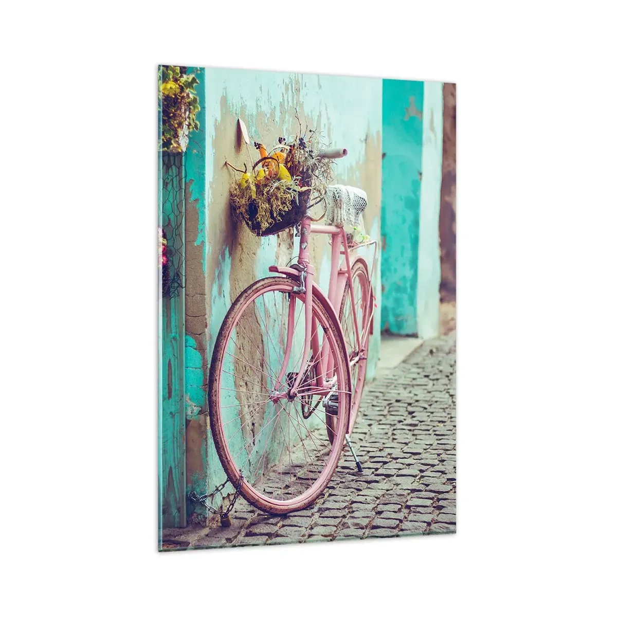 Impression sur verre - Image sur verre - Un vélo rose près d'une porte turquoise - 80x120cm - Je reviens tout de suite - Décoration murale moderne pour le salon et la chambre ARTTOR