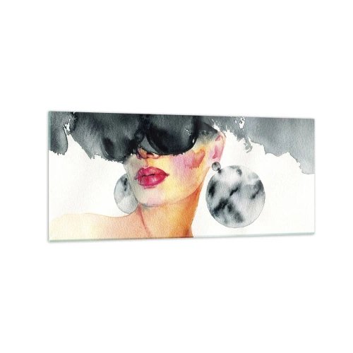 Impression sur verre - Image sur verre - Une femme portant des lunettes élégantes et de grandes boucles d'oreilles - 120x50cm - Secret de l'élégance - Décoration murale moderne pour le salon et la chambre ARTTOR