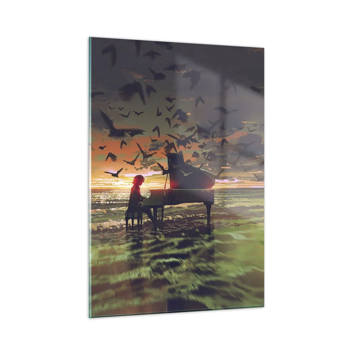 Impression sur verre - Image sur verre - Pianiste jouant du piano sur la plage au coucher du soleil - 50x70cm - Concert pour piano et vagues - Décoration murale moderne pour le salon et la chambre ARTTOR