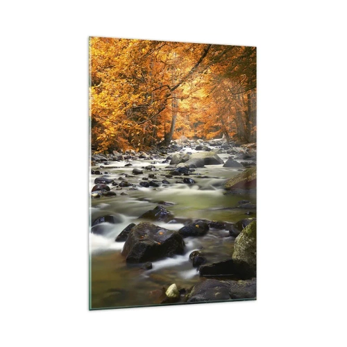 Impression sur verre - Image sur verre - Un ruisseau dans une forêt d'automne entouré de feuilles dorées - 80x120cm - Un ruisseau dans une forêt dorée - Décoration murale moderne pour le salon et la chambre ARTTOR