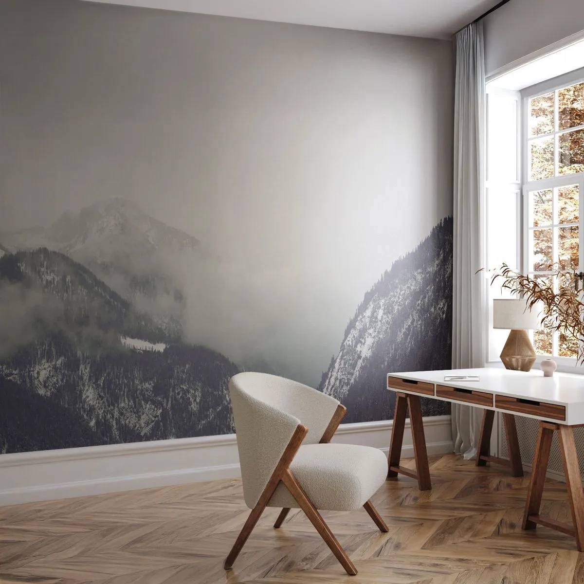 Papier Peint Photo Premium Sand - Vallée brumeuse - Montagnes, Forêt, Paysage - 250x175 cm