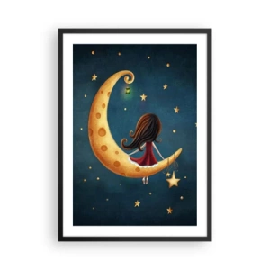 Affiche dans un cadre noir - Poster - Une fille sur la lune entourée d'étoiles et d'une lanterne - 50x70cm - Il était une fois... - Décoration murale moderne pour le salon et la chambre ARTTOR