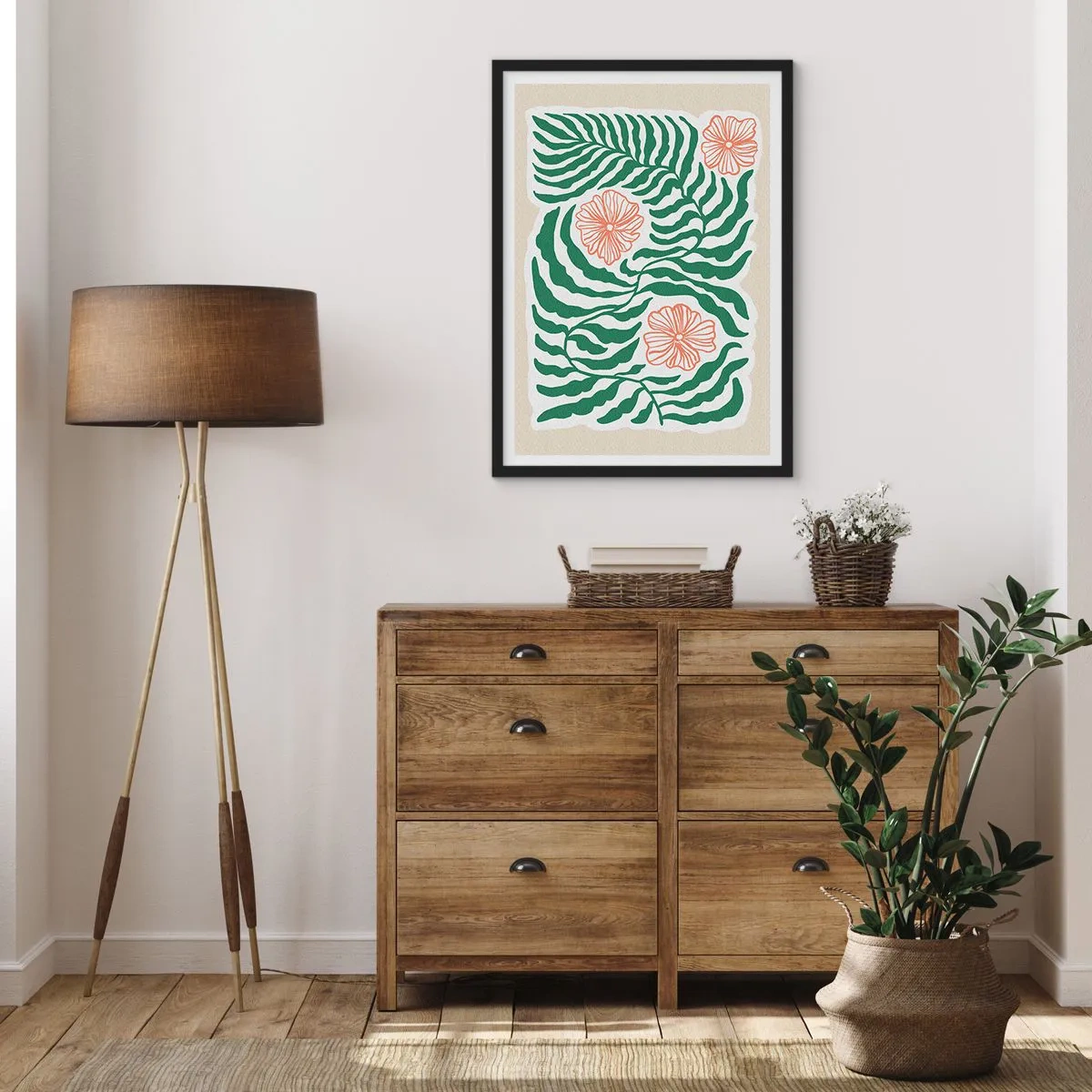 Affiche dans un cadre noir - Poster - Graphique abstrait de feuilles et de fleurs sur fond beige - 50x70cm - Fleurit en vert - Décoration murale moderne pour le salon et la chambre ARTTOR