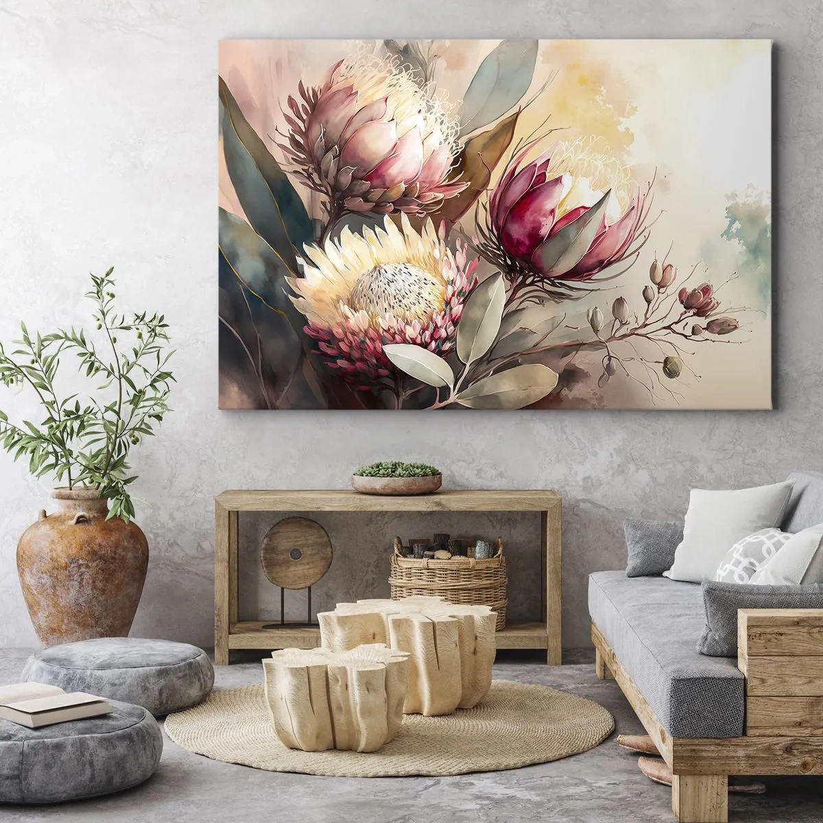 Impression sur toile - Image sur toile - Fleurs de Protea aux tons pastel délicats - 70x50cm - De profil et de face - Décoration murale moderne pour le salon et la chambre ARTTOR