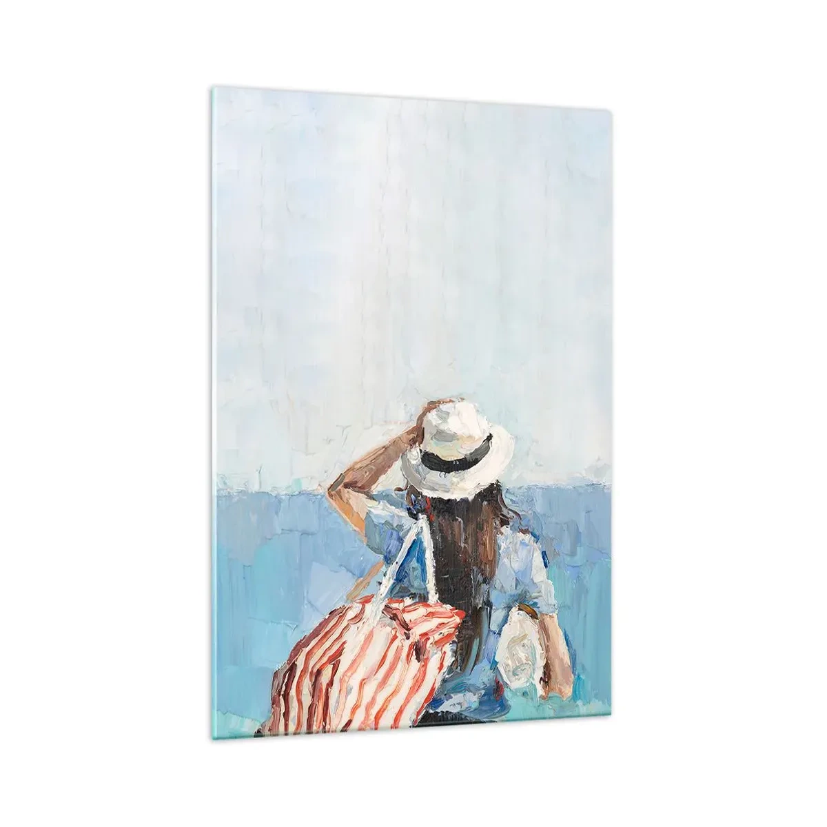 Impression sur verre - Image sur verre - Une femme avec un chapeau contre la mer bleue - 70x100cm - Bienvenue à vos vacances - Décoration murale moderne pour le salon et la chambre ARTTOR