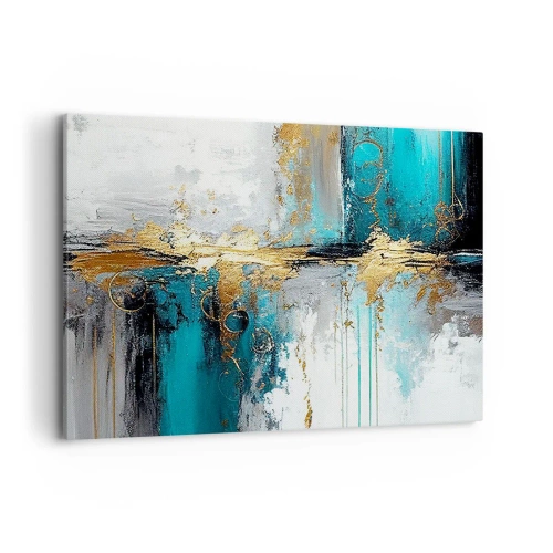 Impression sur toile - Image sur toile - Une composition abstraite aux accents turquoise et dorés. - 100x70cm - Tout coule - Décoration murale moderne pour le salon et la chambre ARTTOR