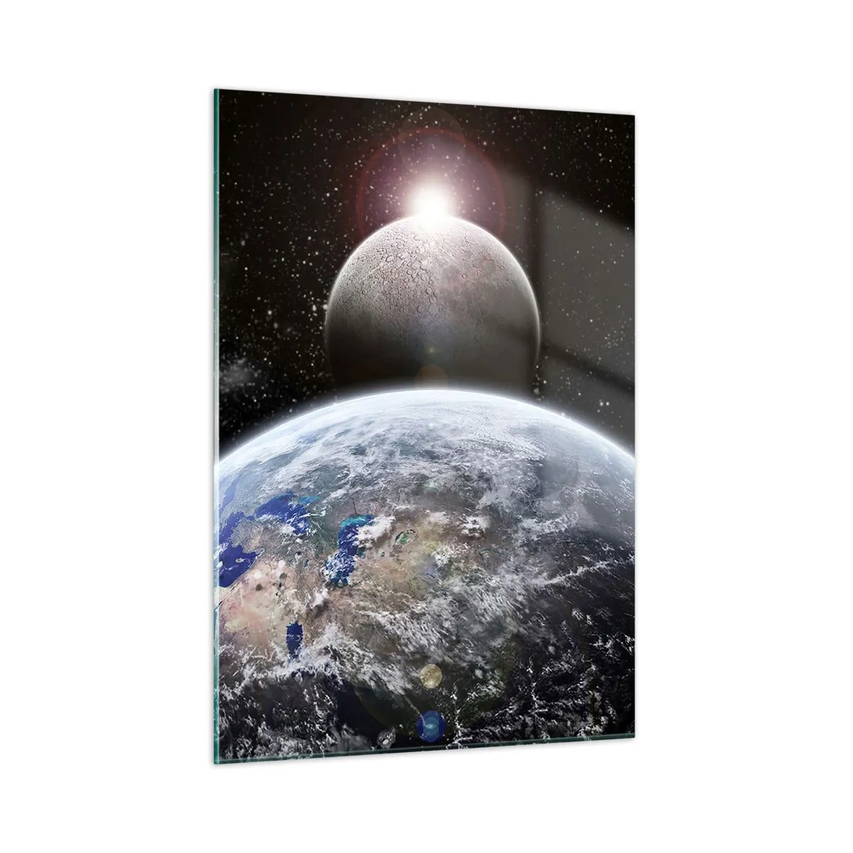 Impression sur verre - Image sur verre - La Terre et la Lune dans l'espace - 50x70cm - Paysage cosmique - lever de soleil - Décoration murale moderne pour le salon et la chambre ARTTOR