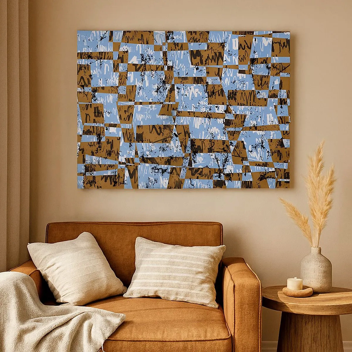 Impression sur toile - Image sur toile - Une composition abstraite de rectangles dans des tons de marron et de bleu. - 70x50cm - Une découpe non humaine - Décoration murale moderne pour le salon et la chambre ARTTOR