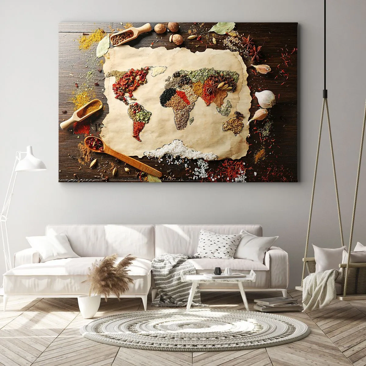 Impression sur toile - Image sur toile - Une carte du monde faite d'épices sur un fond en bois. - 120x80cm - Toutes les saveurs du monde - Décoration murale moderne pour le salon et la chambre ARTTOR