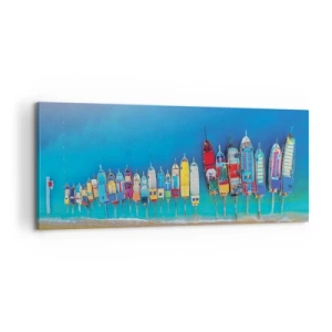 Impression sur toile - Image sur toile - Des bateaux colorés alignés en rangée sur le rivage - 120x50cm - Une vue à vol d'oiseau - Décoration murale moderne pour le salon et la chambre ARTTOR