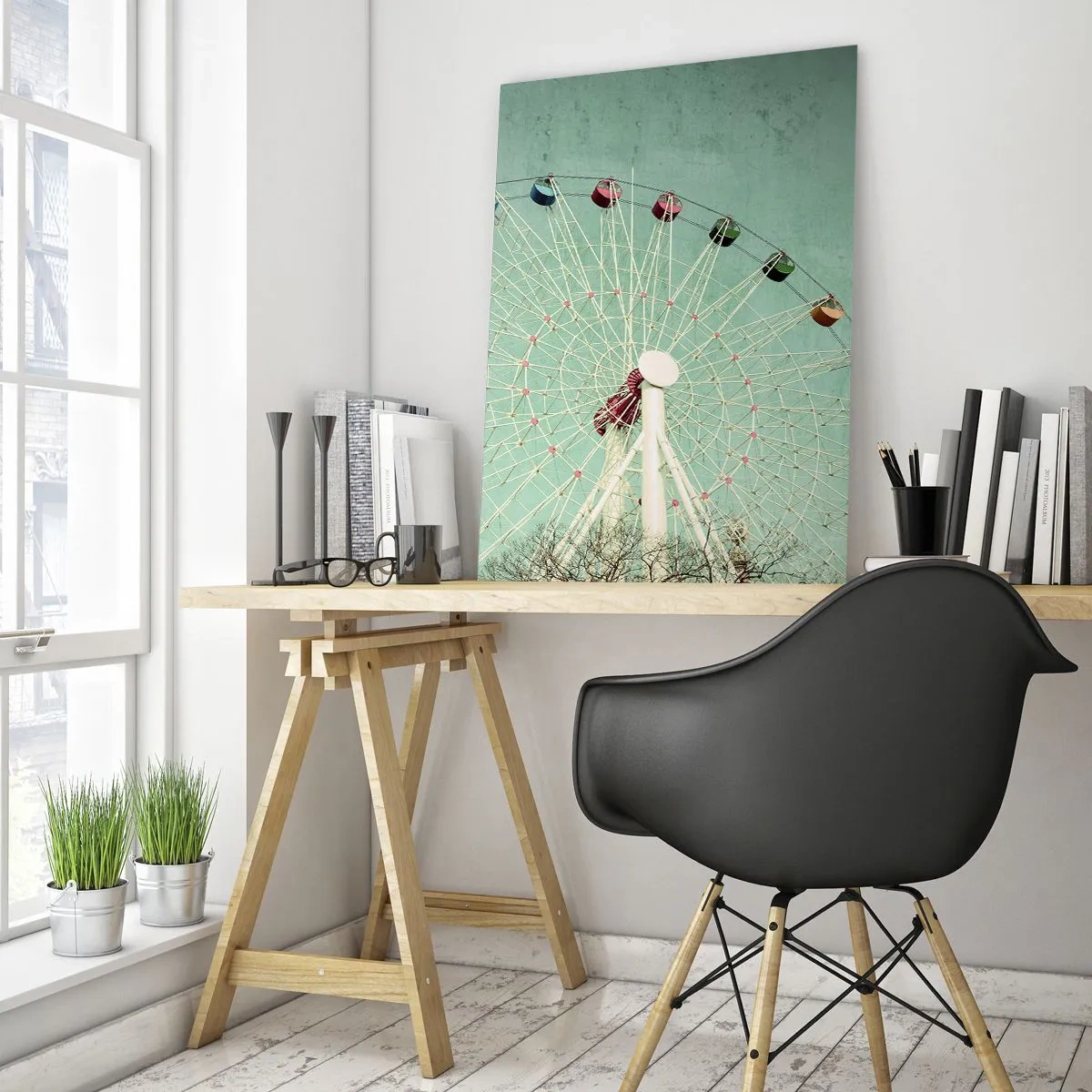 Impression sur verre - Image sur verre - Une grande roue colorée contre un ciel bleu dans un style rétro - 70x100cm - Nous vous invitons à vous amuser - Décoration murale moderne pour le salon et la chambre ARTTOR