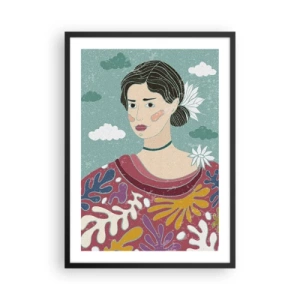 Affiche dans un cadre noir - Poster - Portrait d'une femme dans une robe colorée et stylisée sur fond de nuages. - 50x70cm - Avec de la mélancolie dans les yeux - Décoration murale moderne pour le salon et la chambre ARTTOR