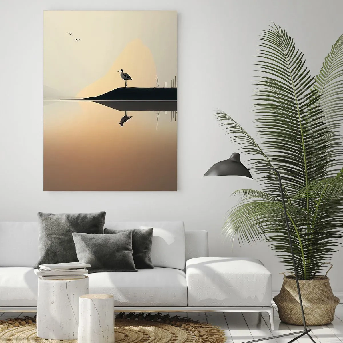 Impression sur verre - Image sur verre - Un oiseau sur une île dans un lac calme aux teintes chaudes - 70x100cm - Le seigneur du lac - Décoration murale moderne pour le salon et la chambre ARTTOR