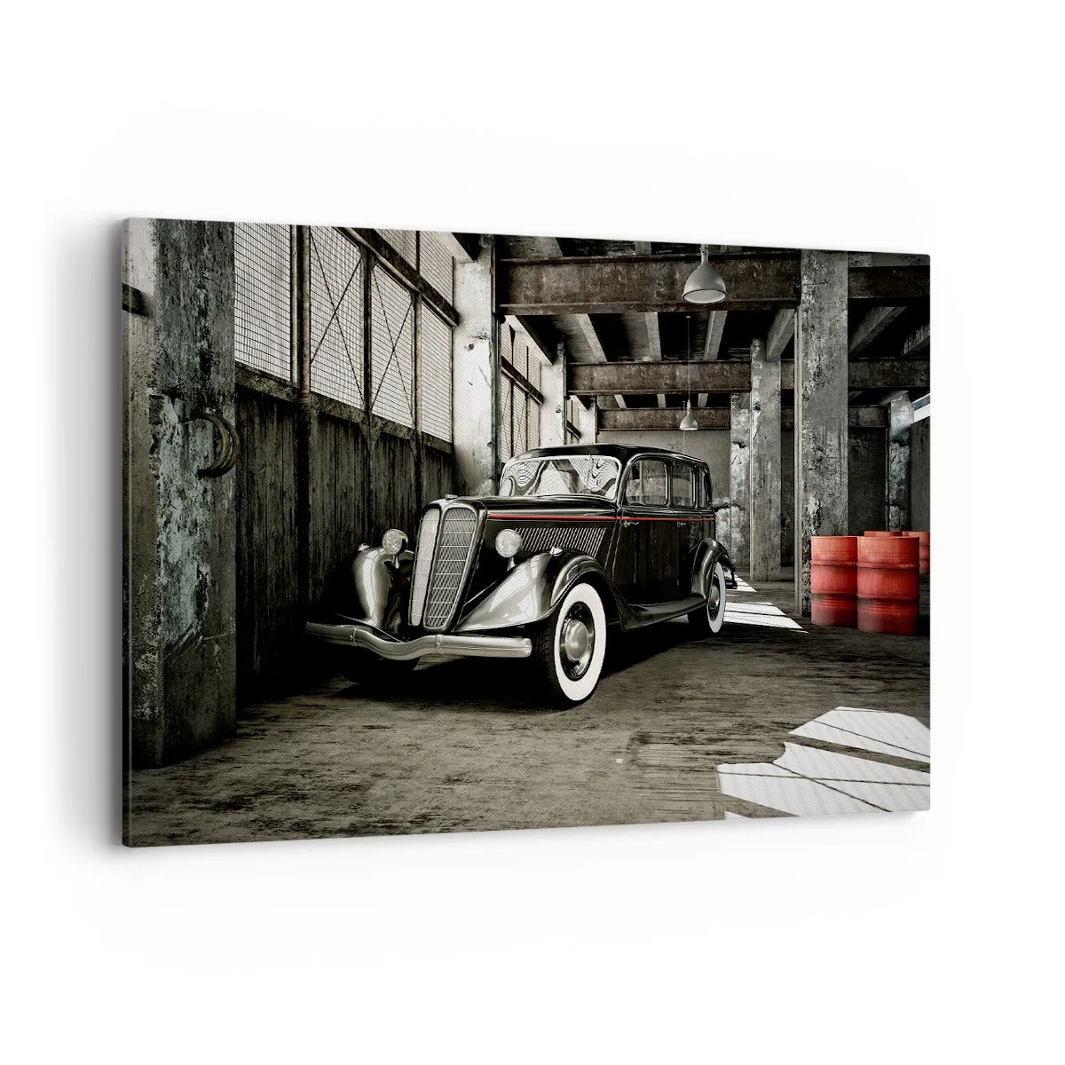 Impression sur toile - Image sur toile - Voiture rétro élégante dans un entrepôt brut - 100x70cm - L'élégance éternelle des années 30 - Décoration murale moderne pour le salon et la chambre ARTTOR