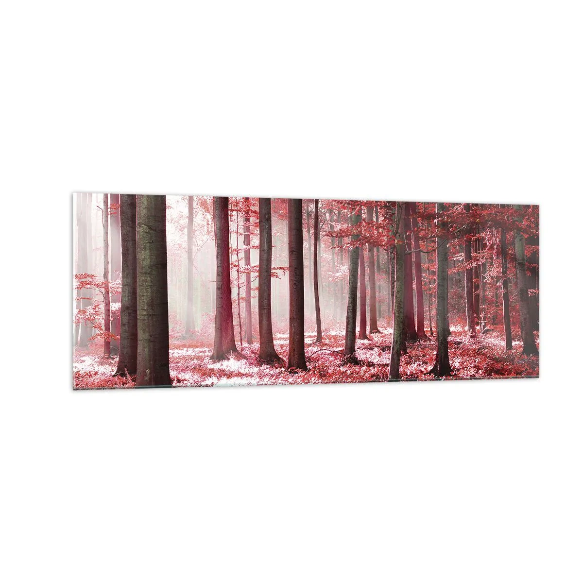 Impression sur verre - Image sur verre - Une forêt époustouflante aux teintes rouges avec des rayons de lumière pénétrant à travers les arbres - 140x50cm - Le rouge est tout aussi beau - Décoration murale moderne pour le salon et la chambre ARTTOR