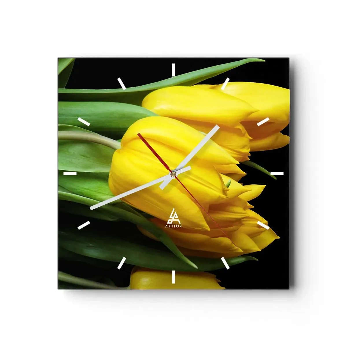 Horloge murale - Pendule murale - Un bouquet de tulipes jaunes sur fond noir - 30x30cm - Lever de soleil pur - Décoration murale moderne pour le salon et la chambre ARTTOR