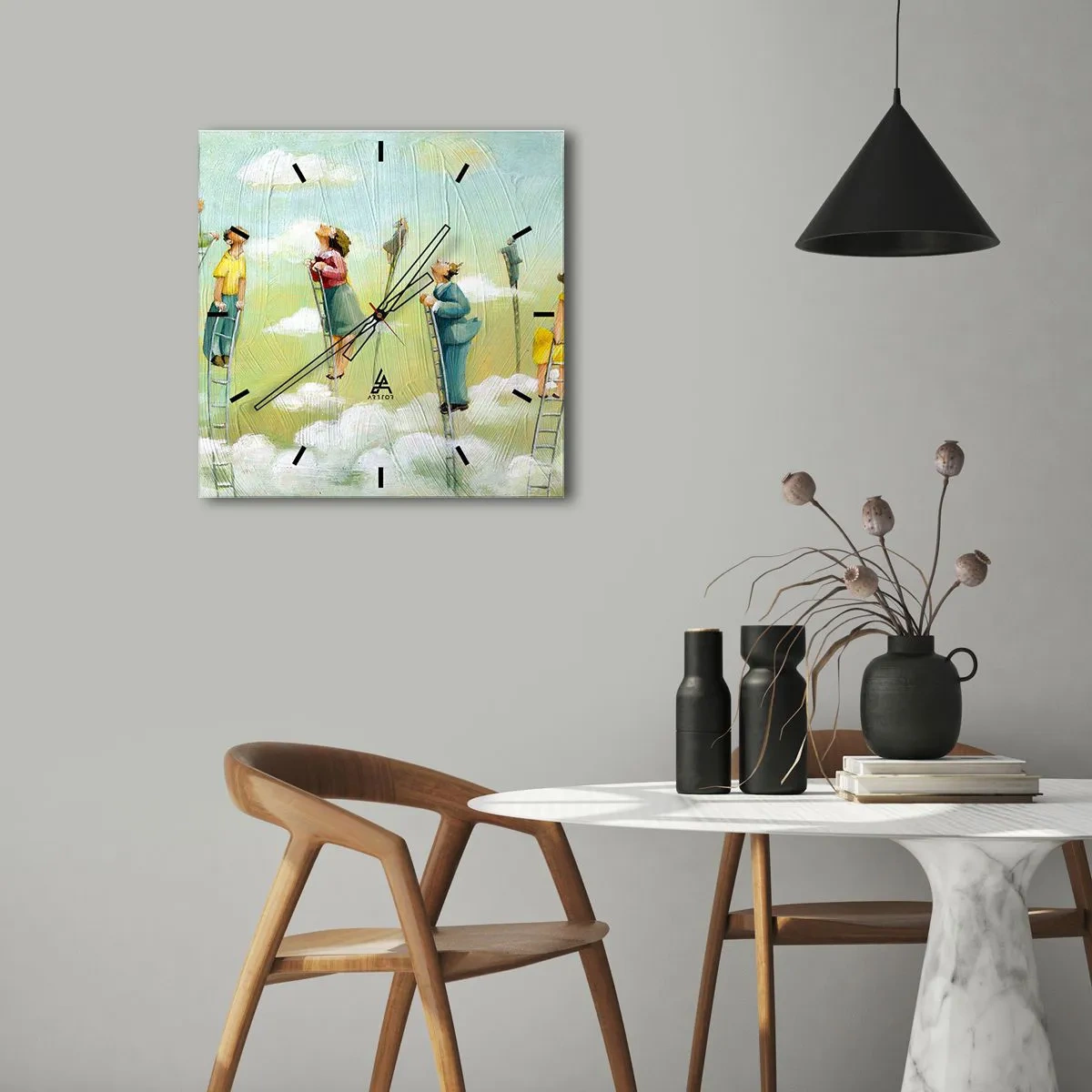 Horloge murale - Pendule murale - Personnages grimpant sur des échelles parmi des nuages sur un fond pastel. - 30x30cm - Derrière ton rêve - Décoration murale moderne pour le salon et la chambre ARTTOR