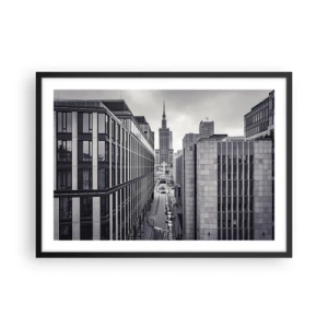 Affiche dans un cadre noir - Poster - Panorama de Varsovie avec vue sur le Palais de la Culture et les bâtiments environnants - 70x50cm - Vallée de Varsovie - Décoration murale moderne pour le salon et la chambre ARTTOR