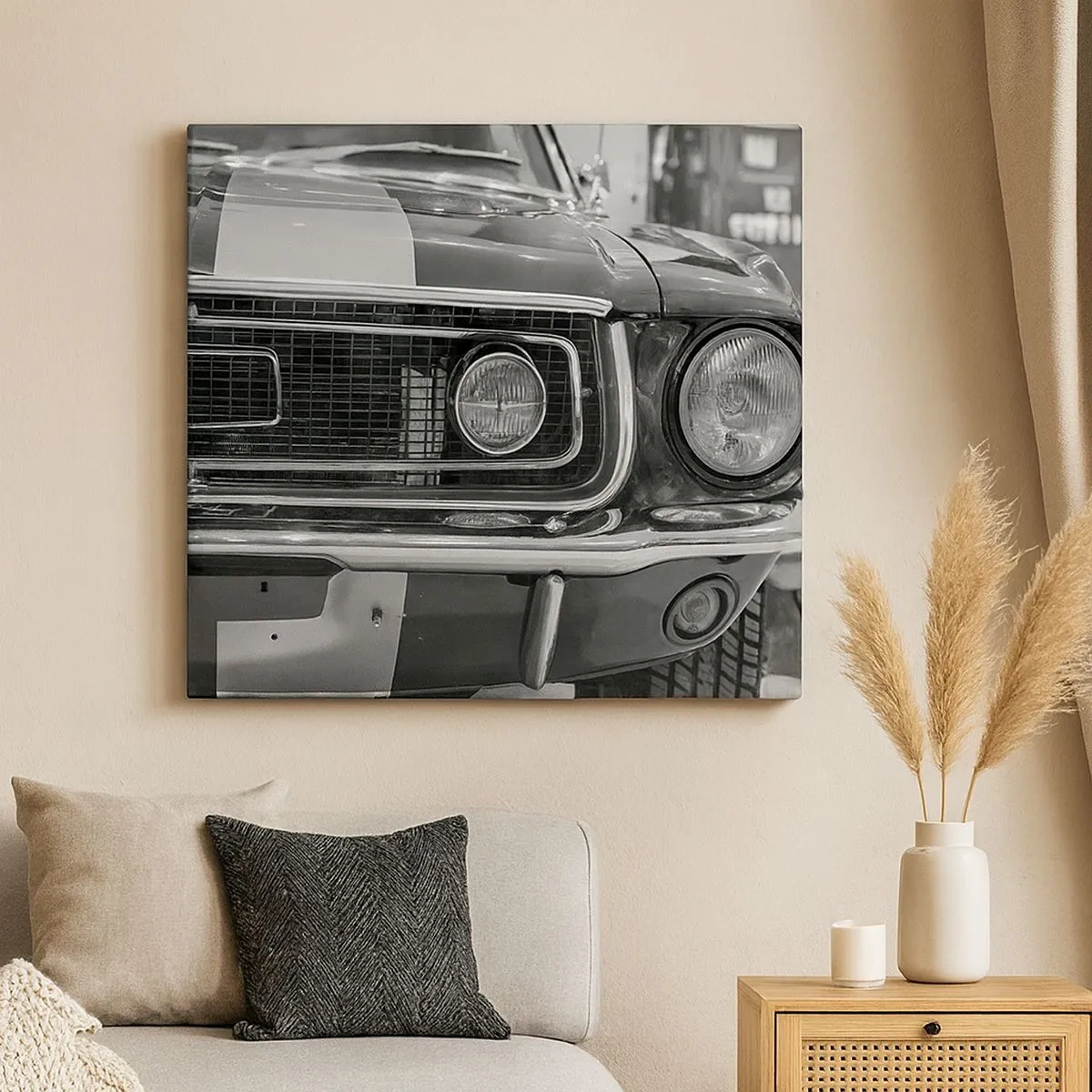 Impression sur toile - Image sur toile - Capot de voiture classique noir et blanc - 70x50cm - Conduire dur - Décoration murale moderne pour le salon et la chambre ARTTOR