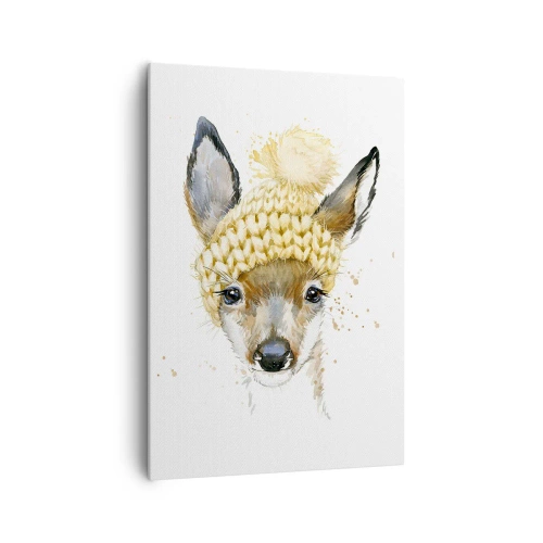 Impression sur toile - Image sur toile - Cerf aquarelle avec une casquette jaune - 70x100cm - Pour l'hiver dans la forêt enneigée - Décoration murale moderne pour le salon et la chambre ARTTOR