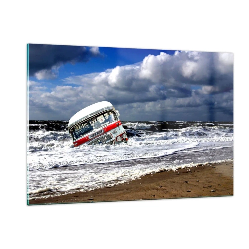 Impression sur verre - Image sur verre - Un vieux bus dans les eaux d'une mer agitée - 120x80cm - Et qu'est-ce qui vous étonne ? - Décoration murale moderne pour le salon et la chambre ARTTOR